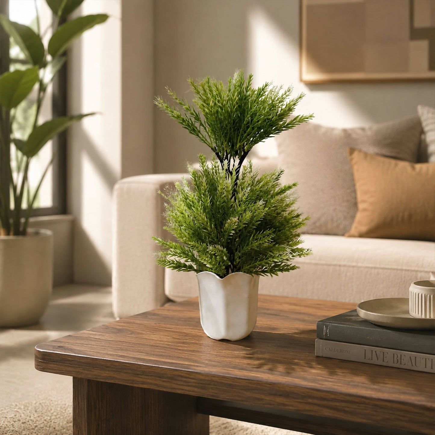 Artificial Cedar Plant in White Ceramic Pot – Luxury Home & Office Décor