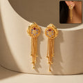 Gold Plated Teardrop Flower Dangle Earrings with Multi Chain Tassel Drop Design