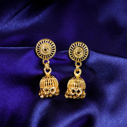 Gold plated traditional jhumka earrings with intricate bell-shaped drop
