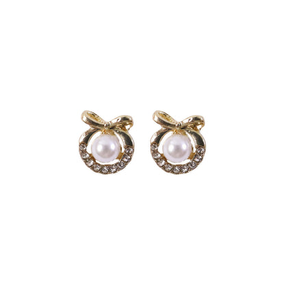 Korean Royal Bow-Knot Crystal Halo Pearl Studs For Girls And Women