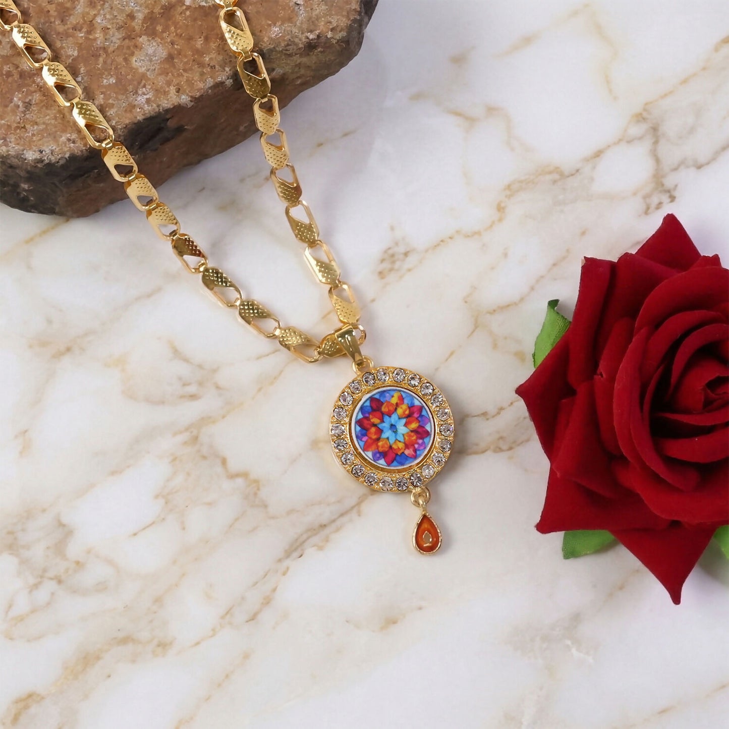 Elegant Multicolor Floral Gold Pendant Necklace with Stone Border