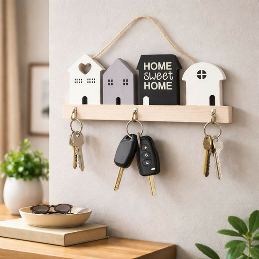 Wooden House Design Key Holder Wall Mount with 3 Hooks