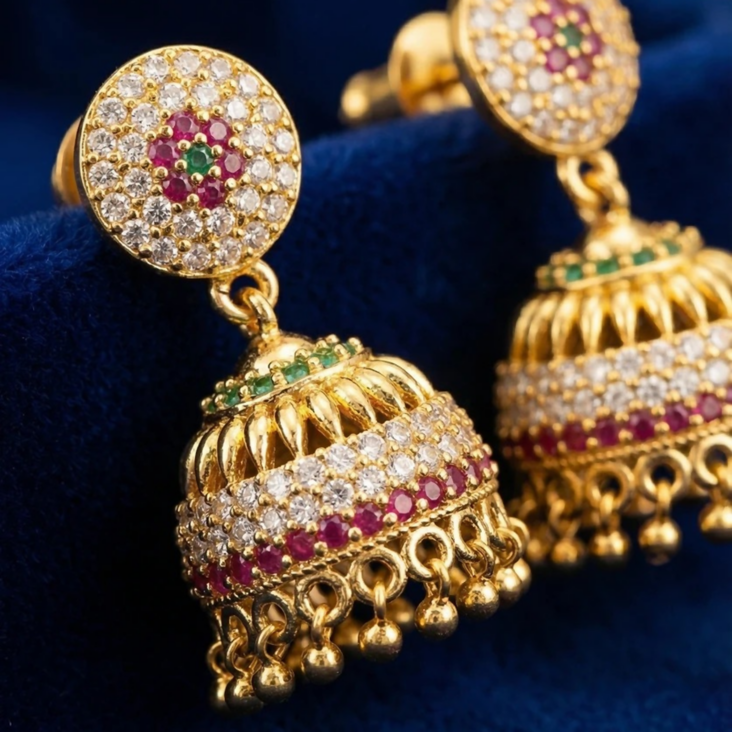 Gold-Plated Multicolour Ad Stone Studded Traditional Jhumka Earrings for Women