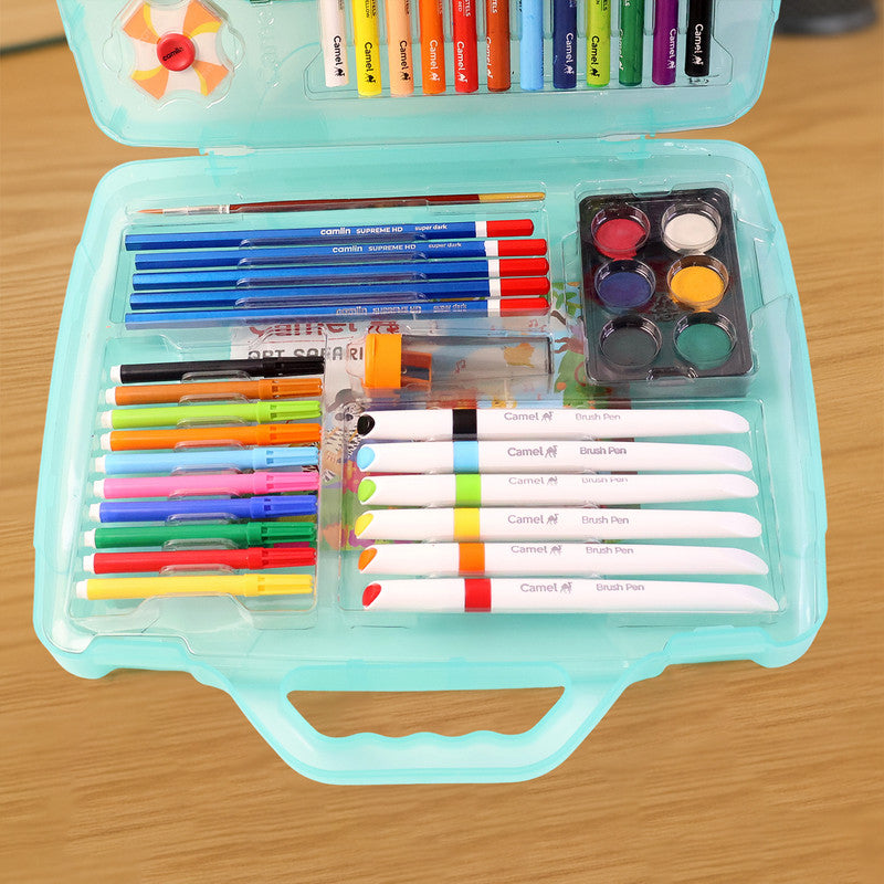 Camel Art Safari Kit – 65+ Art Treats with Colour Pencils, Crayons, Oil Pastels, Sketch Pens, Brush Pens & Watercolours