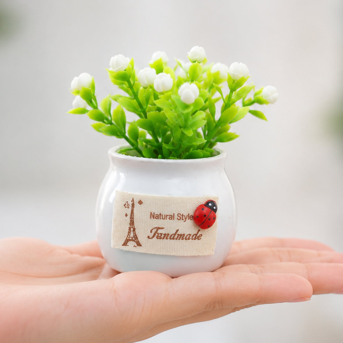 Mini Artificial Plant with Ceramic Pot White Flower Bonsai for Home Decor (1 Pc)
