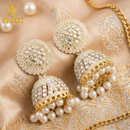 Gold Plated Pearl Jhumka Earrings with White Elegant Ethnic