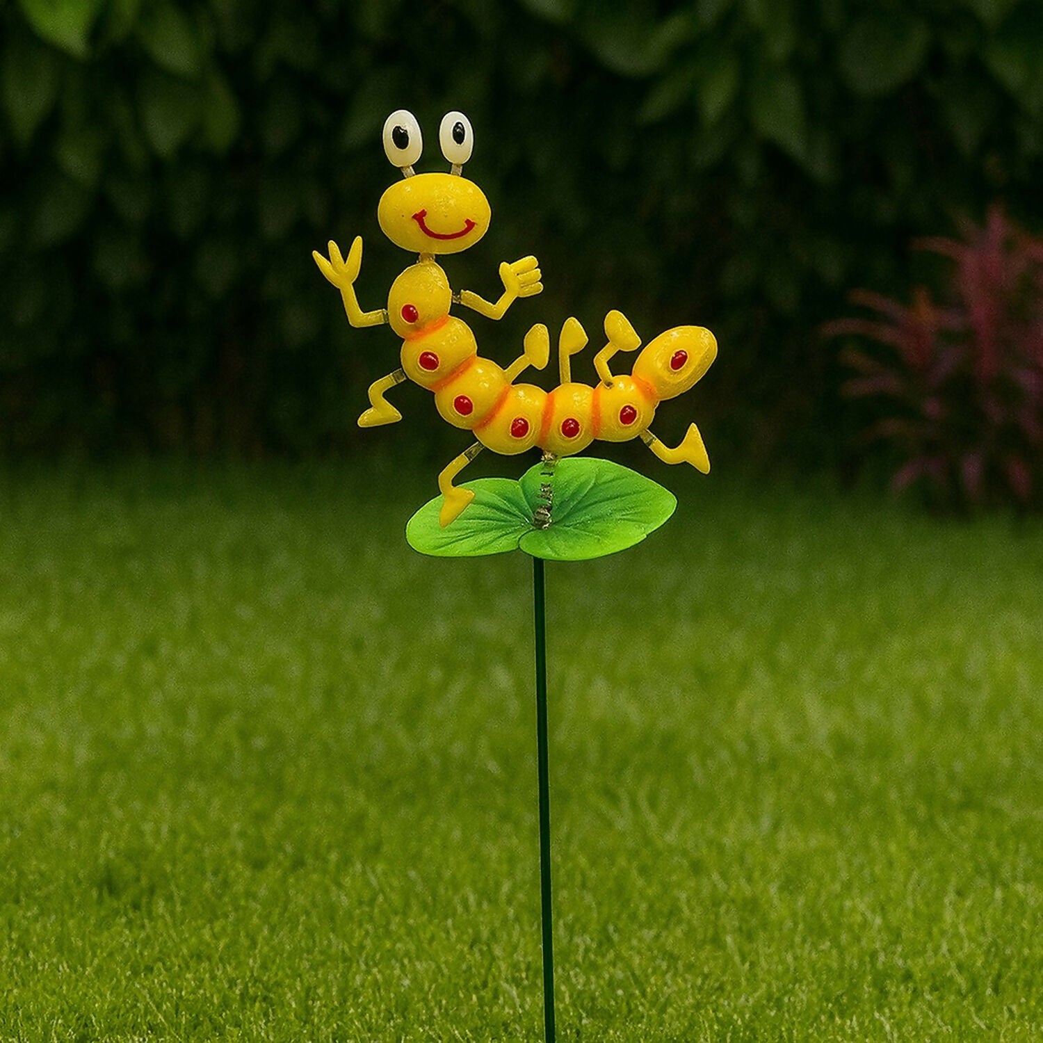Cute Yellow Caterpillar Garden Stake for Outdoor Décor – Metal Insect Yard Ornament with Leaf Base ( 1PC)
