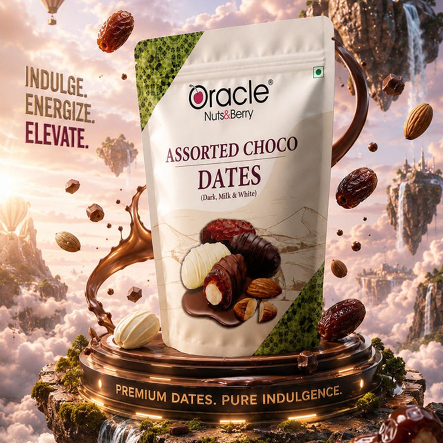 Delicious assorted dates with a chocolate coating and nut filling