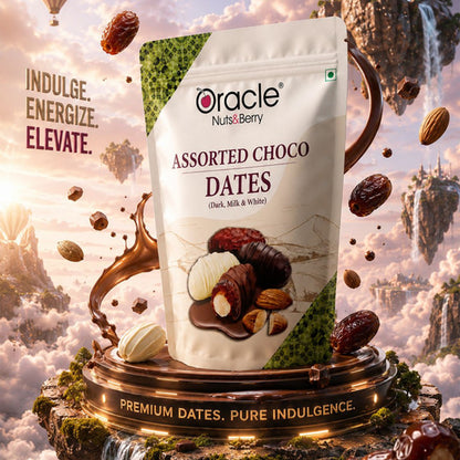 Delicious assorted dates with a chocolate coating and nut filling
