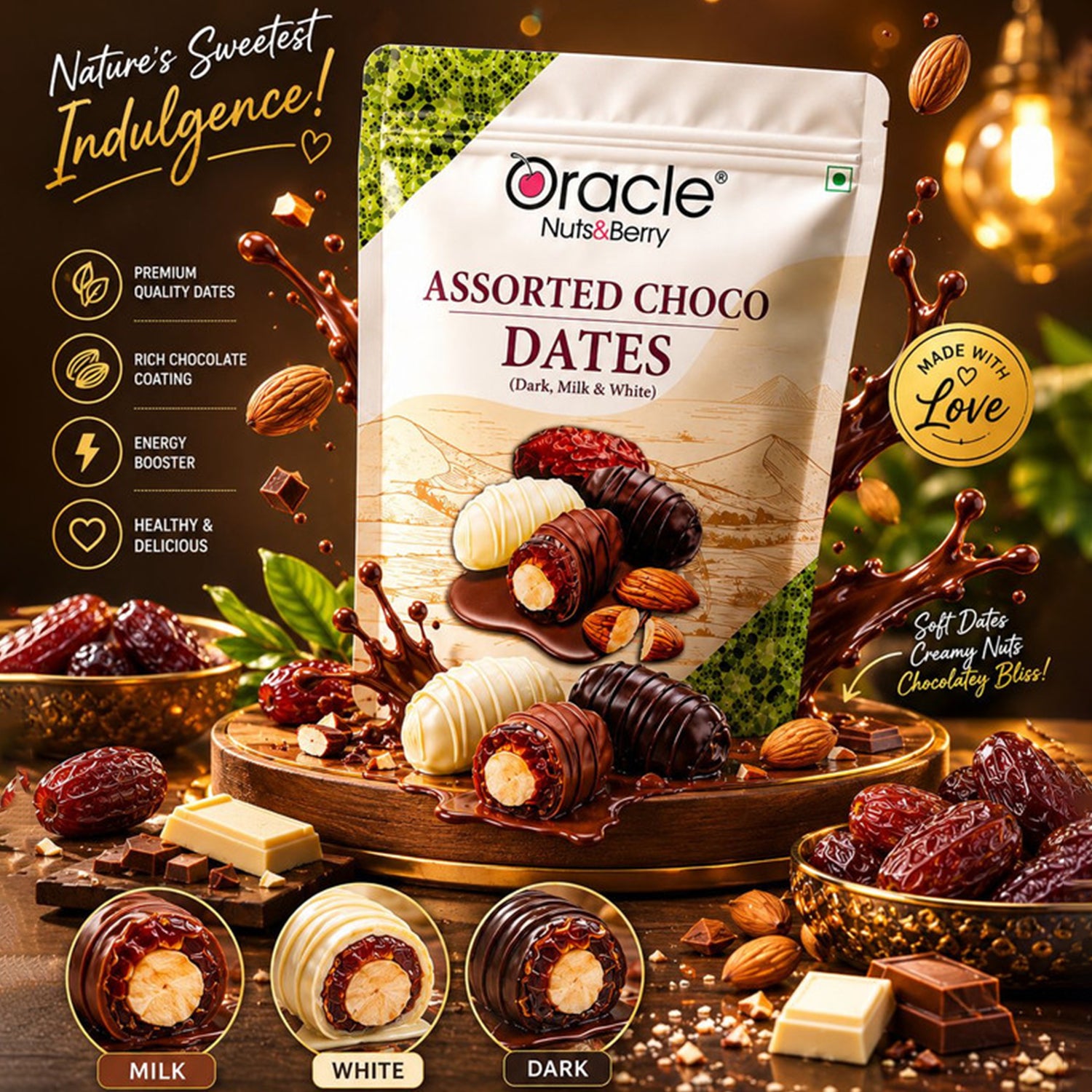 Close-up of assorted nut-filled, chocolate-coated dates in premium packaging
