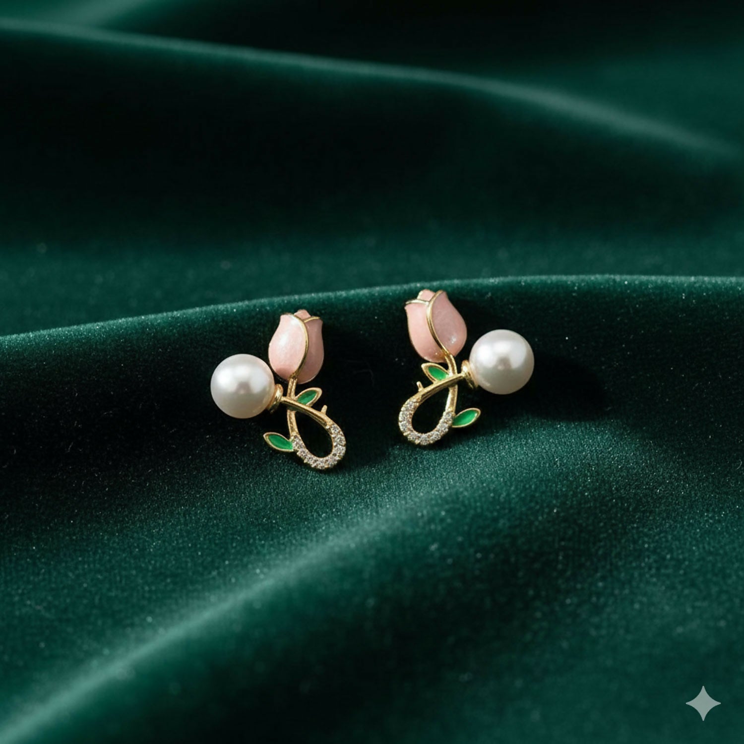Pink Tulip and Pearl Earrings close-up showing gold-toned stems and crystal embellishments