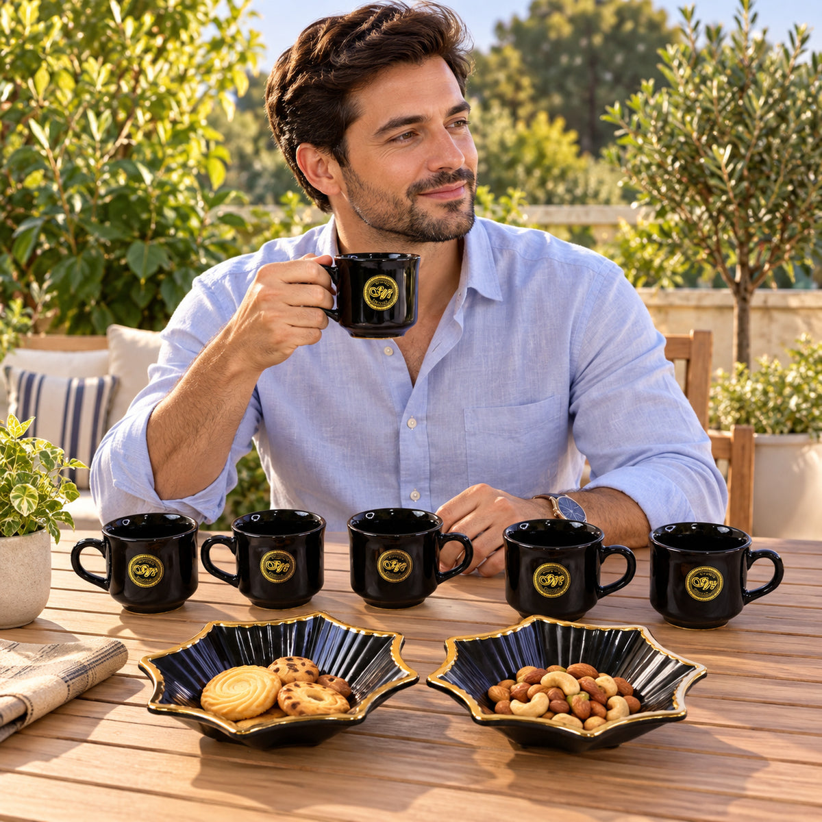 Snack Serving Bowl and Tea Cup Set, Star Shape Platter Gift Set (8 Pc Set)