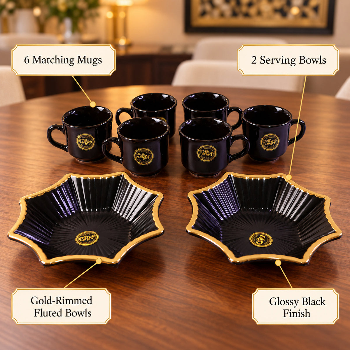 Snack Serving Bowl and Tea Cup Set, Star Shape Platter Gift Set (8 Pc Set)