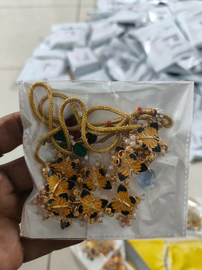 Gold-Plated Black & Yellow Enamel Butterfly Necklace Set with Pearl Drops