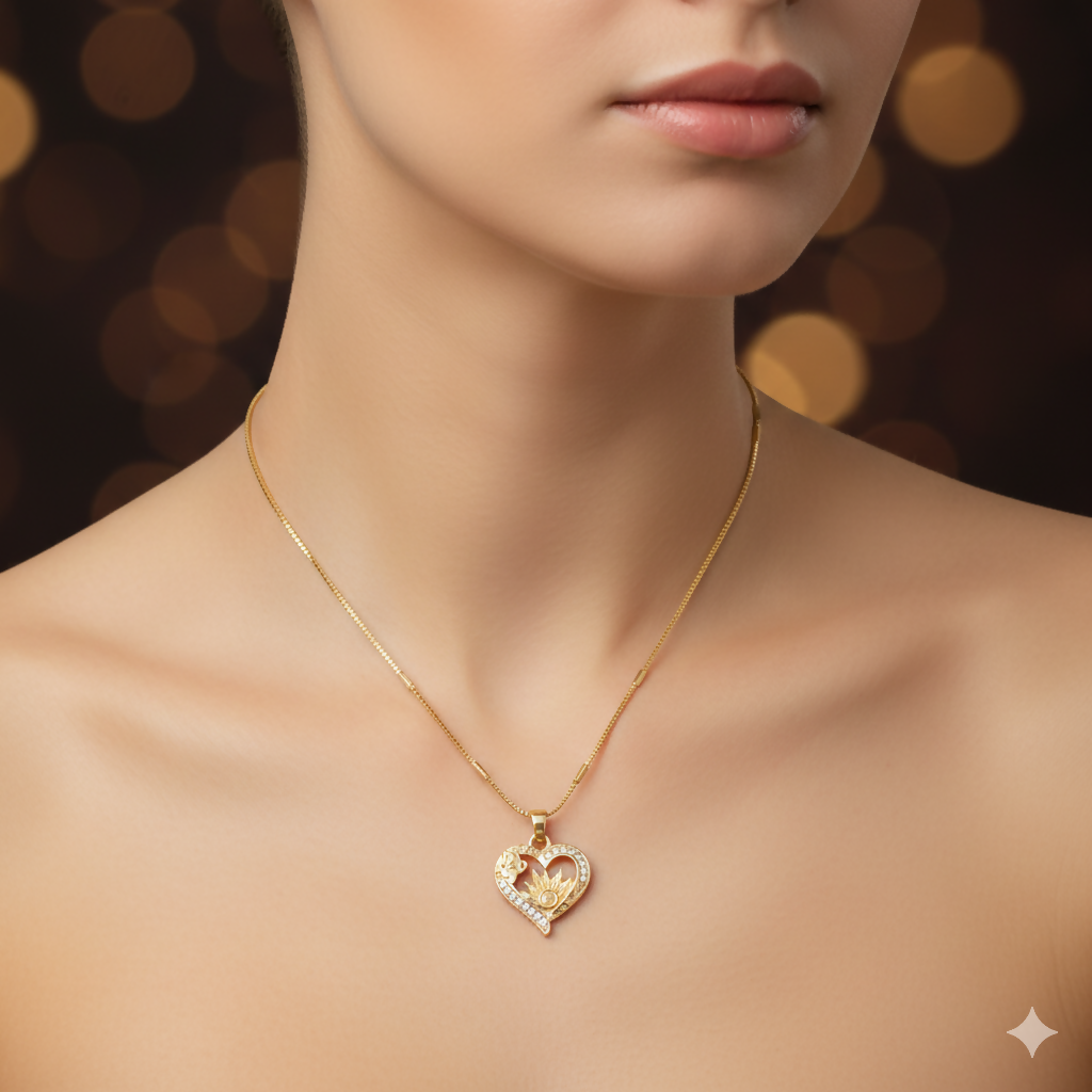 Gold Plated AD Heart Butterfly & Lotus Pendant Necklace For women and girls