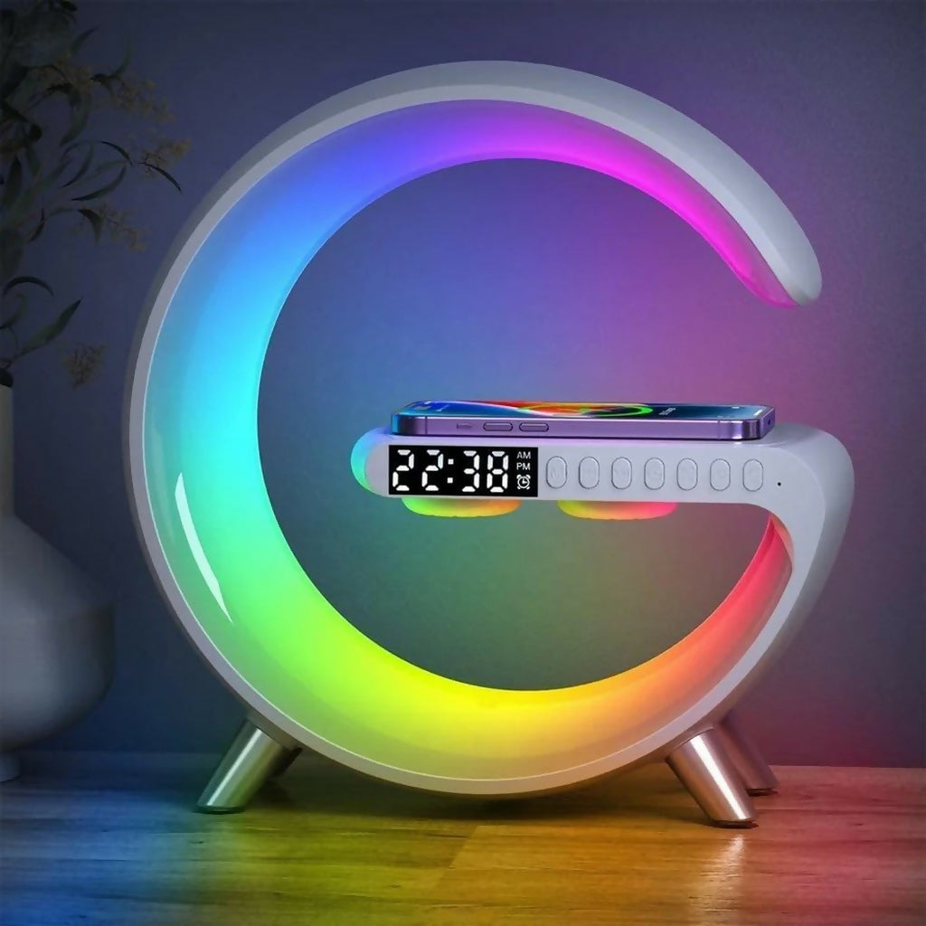 RGB wireless charging speaker lamp with alarm clock and night light on desk