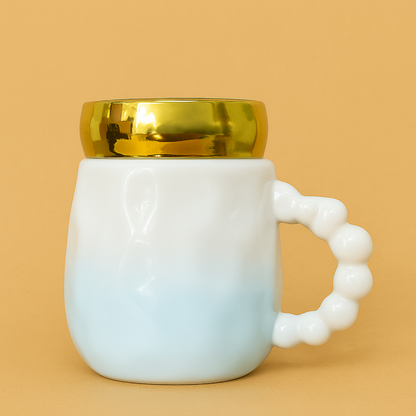 Luxury White Ceramic Coffee Mug with Golden Lid – "King" Printed Cup with Beaded Handle – Elegant Royal Design for Tea, Coffee & Gifting – Premium Glossy Finish Ceramic Mug for Men