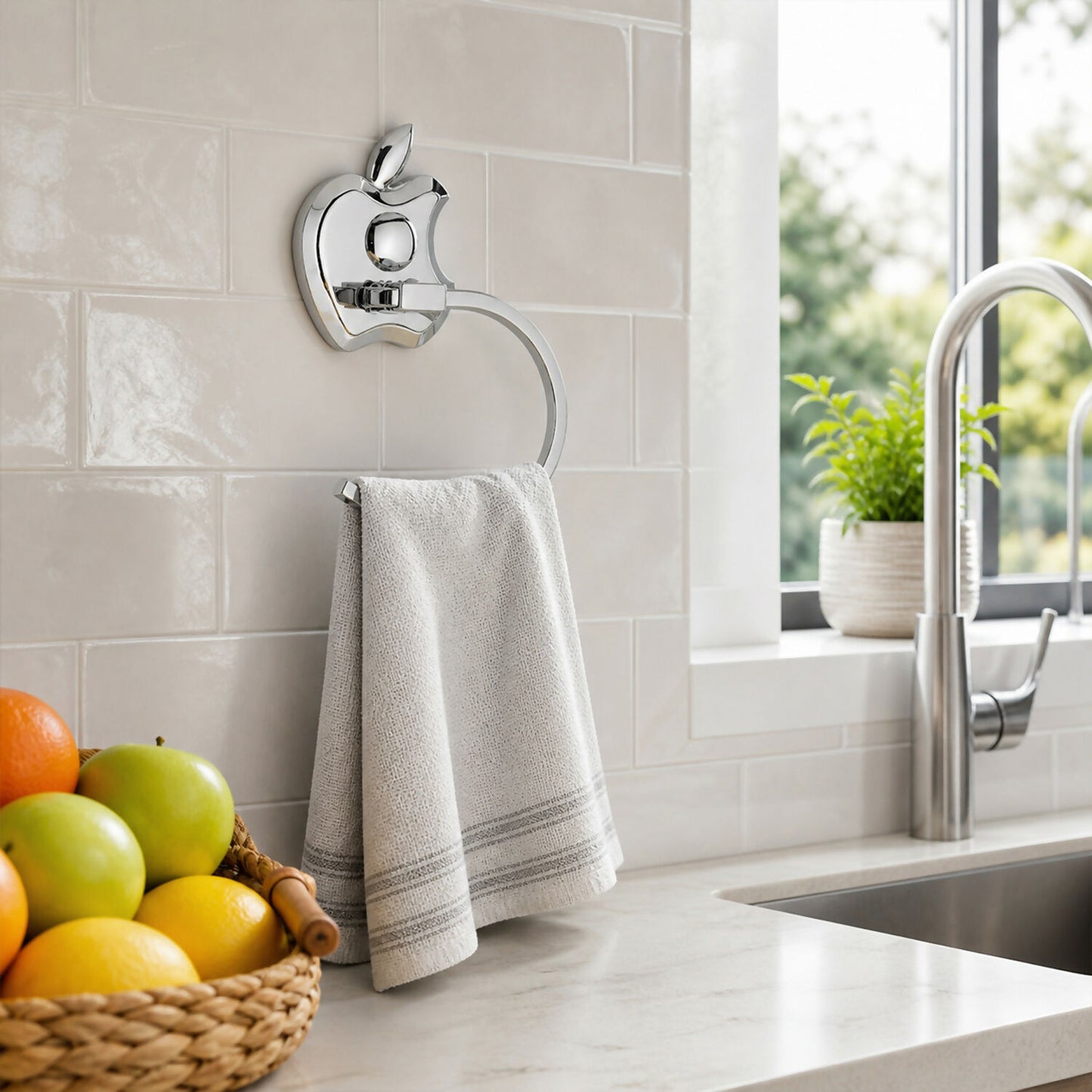 Modern chrome finish stainless steel towel holder with apple design