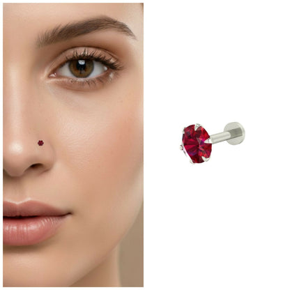 Silver plated red ruby nosepin stud with round cut gemstone