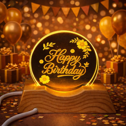 Happy Birthday Acrylic LED Lamp with Wooden Base Floral Decorative Gift