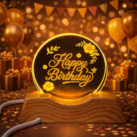 Happy Birthday Acrylic LED Lamp with Wooden Base Floral Decorative Gift