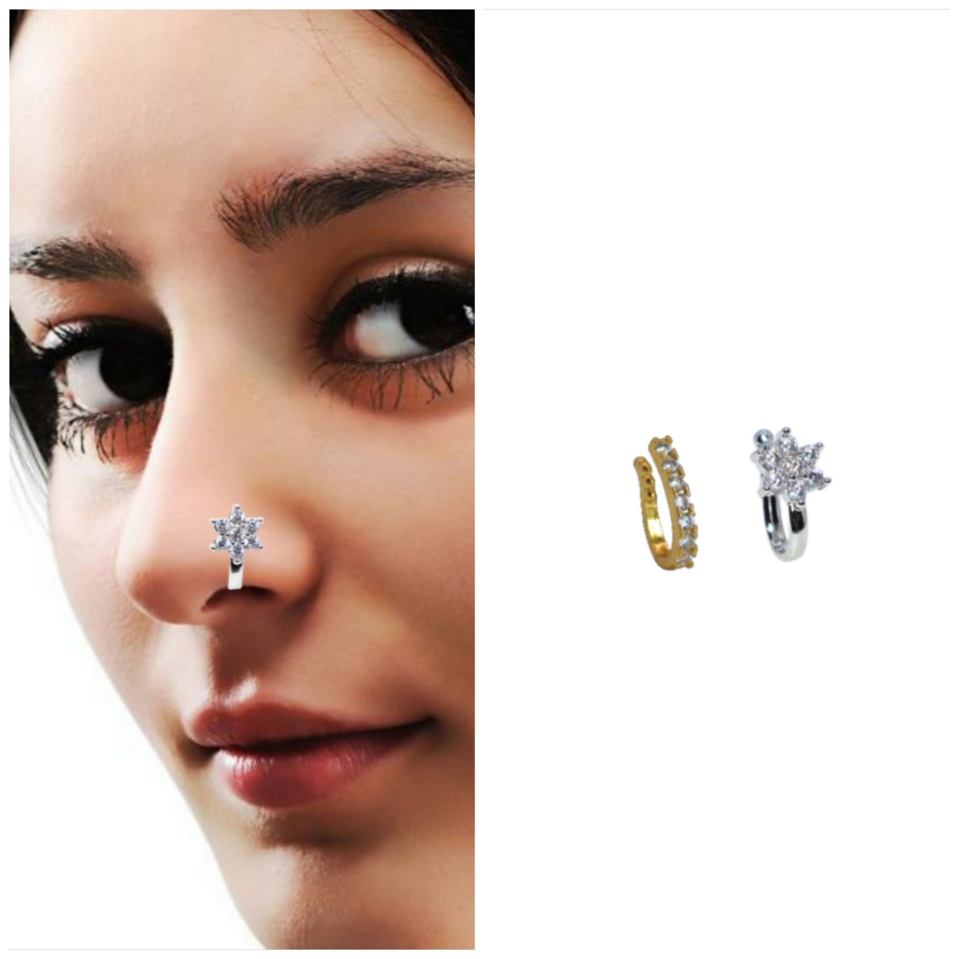 Rhodium Plated Non-Pierced Press Nath/Nose Pin for Women Combo Pack of 2