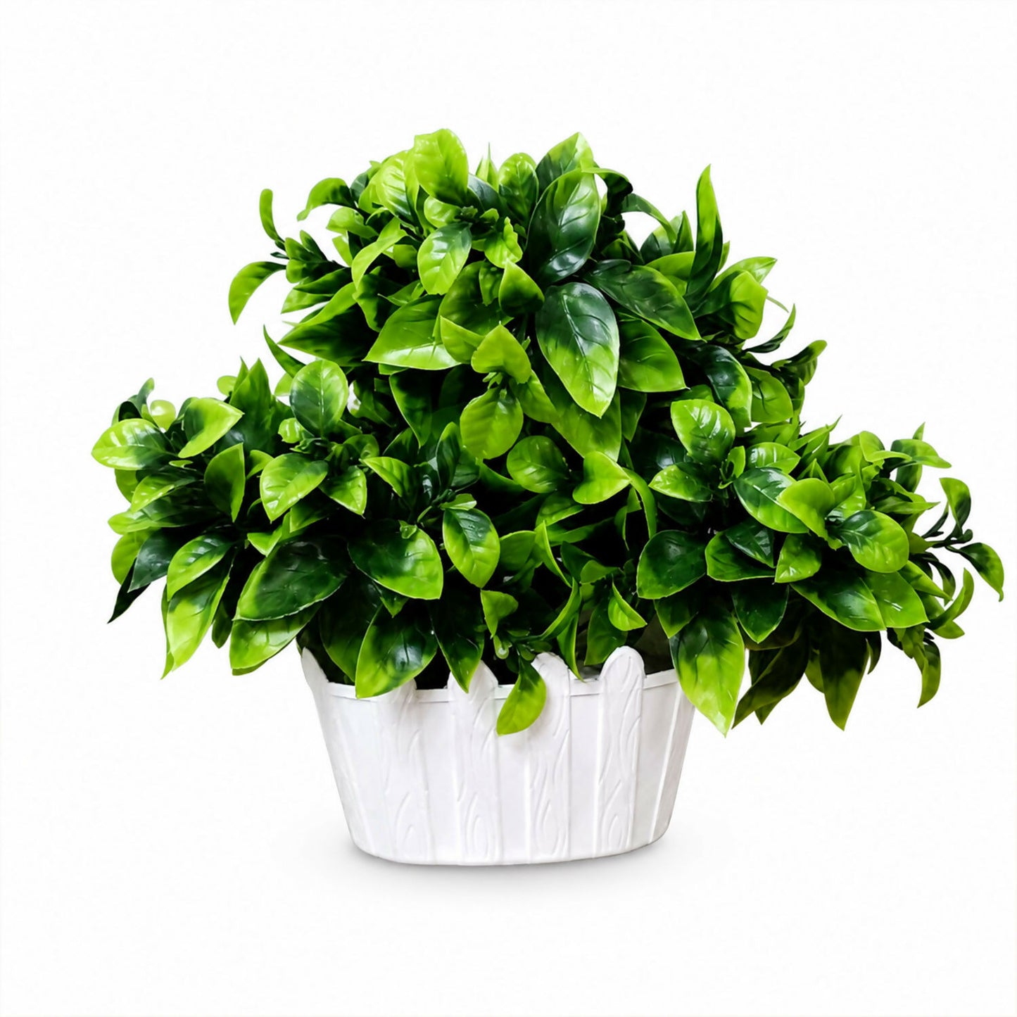 Artificial Green Leaf Bushy Bonsai Plant in White Wood Texture Oval Pot Home Decor