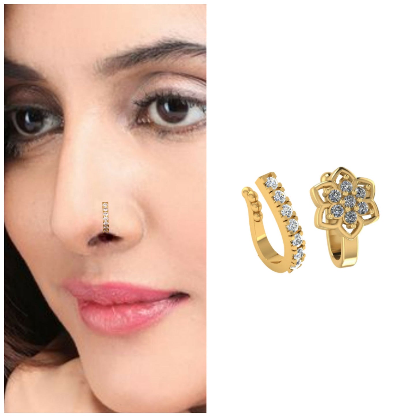 Gold plated non-pierced floral nose cuff with sparkling cubic zirconia stones