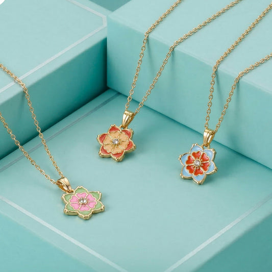 Elegant Floral Gold Pendant Necklaces with Colorful Enamel Design Combo set