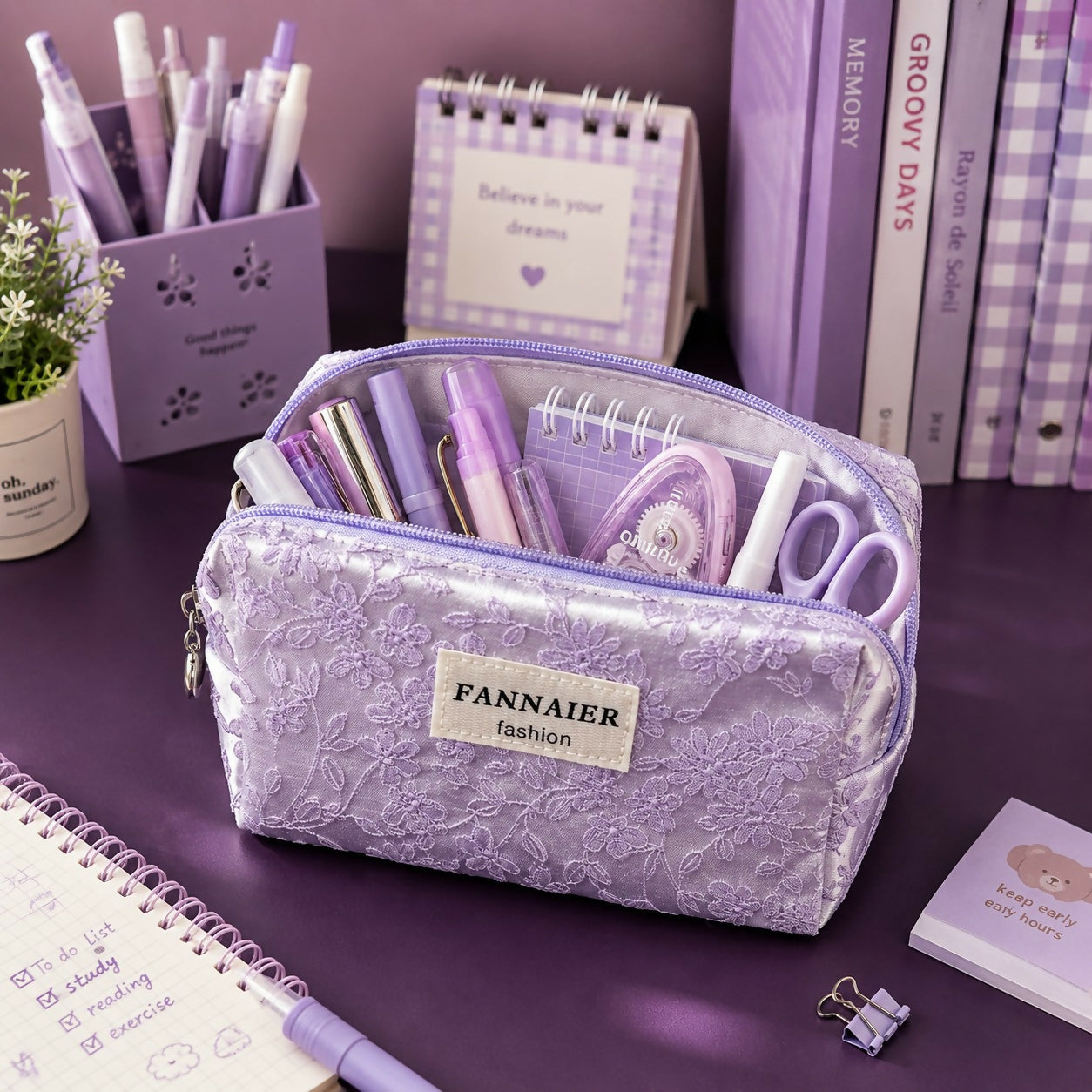Purple multipurpose makeup and stationery organizer pouch with quilted texture