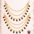 Bahubali Style 3-Layer Kaan Chain / Hair Accessories with Red and Green Kundan Drops