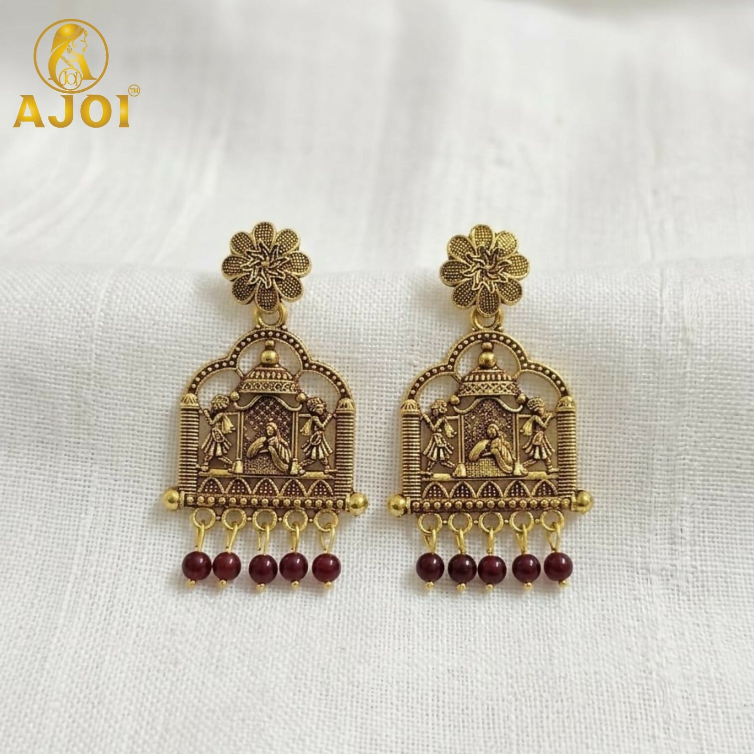 Antique Temple Doli Earrings with Maroon Pearl Drops