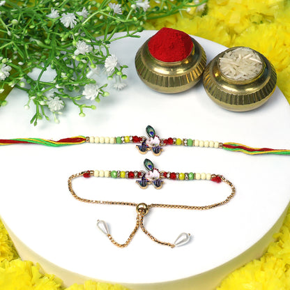 Peacock Design Bhaiya Bhabhi Rakhi Set with Golden Bracelet – Elegant Raksha Bandhan Combo