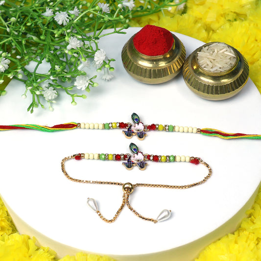 Peacock Design Bhaiya Bhabhi Rakhi Set with Golden Bracelet – Elegant Raksha Bandhan Combo