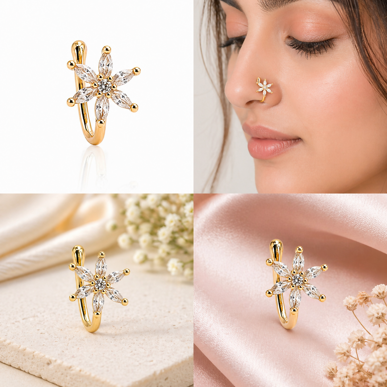 Top view of gold-plated floral nose stud with clear gemstones - angle 05