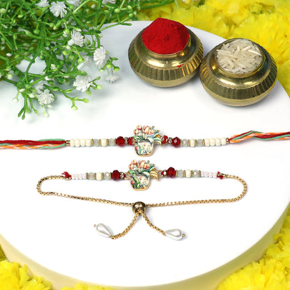 Elegant Floral Pot Bhaiya Bhabhi Rakhi Set with Beads