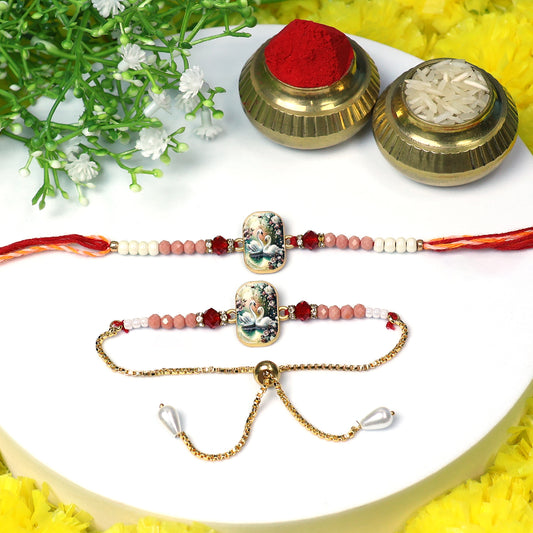 Elegant Swan Design Bhaiya Bhabhi Rakhi Set – Premium Printed Tile Rakhi with Crystal Beads & Adjustable Bracelet