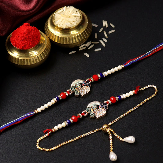 Royal Peacock Bhaiya Bhabhi Rakhi Set – Traditional Beaded Design with Elegant Stone Work