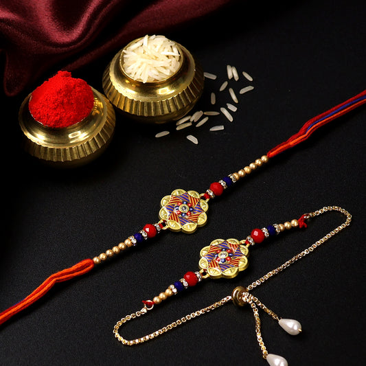Regal Floral Bhaiya Bhabhi Rakhi Set – Traditional Elegance with Beads & Meenakari Charm