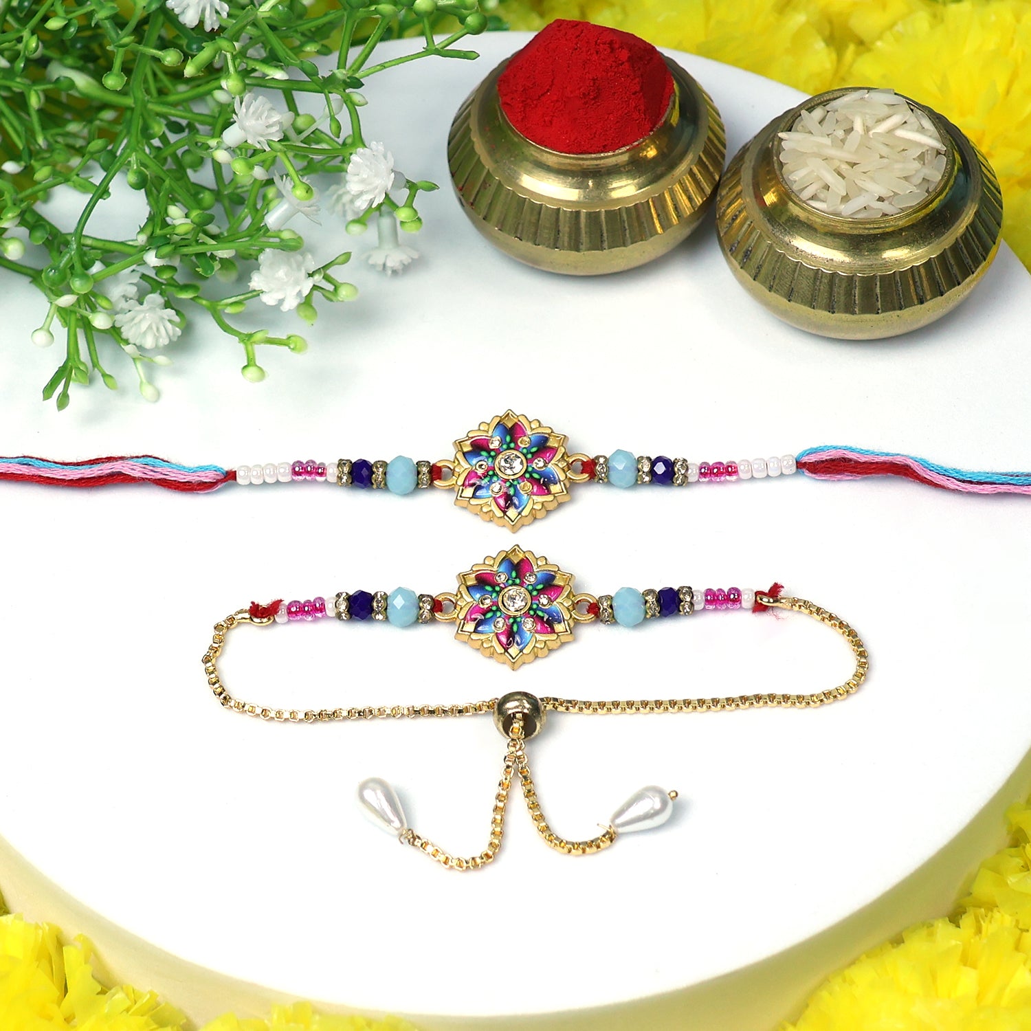 Elegant Lotus Meenakari Bhaiya Bhabhi Rakhi Set – Pearl & Bead Designer Combo