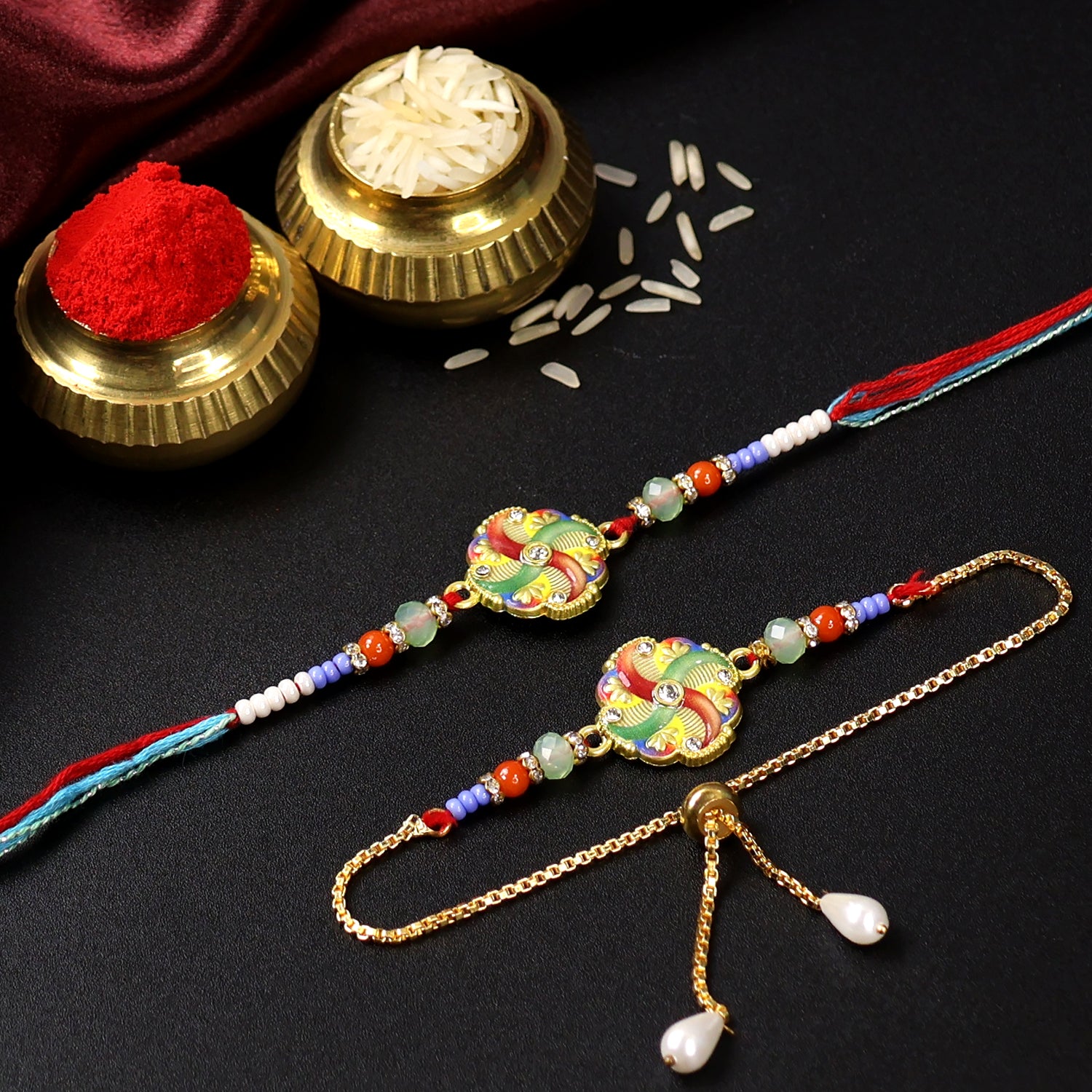 Peacock Feather Meenakari Rakhi Set – Colorful Bhaiya Bhabhi Designer Combo