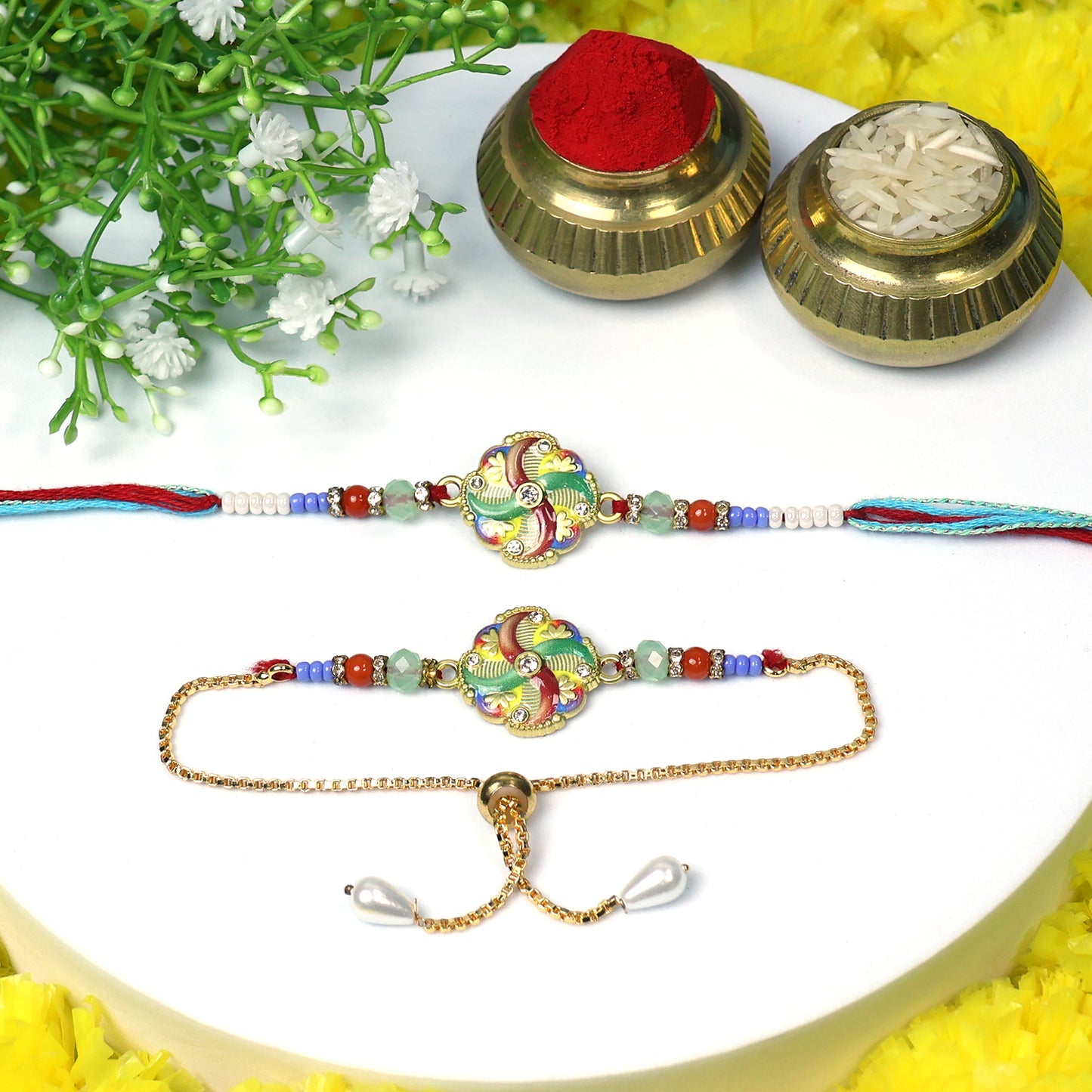 Peacock Feather Meenakari Rakhi Set – Colorful Bhaiya Bhabhi Designer Combo