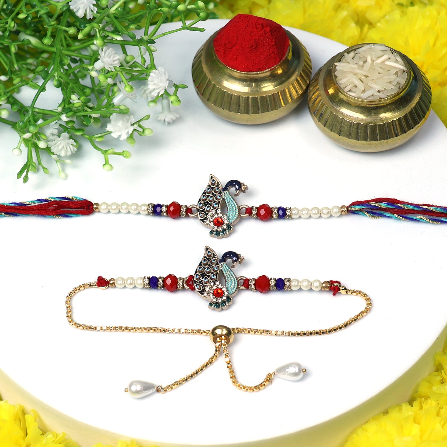 Royal Swan Bhaiya Bhabhi Rakhi Set – Pearl & Stone Designer Combo