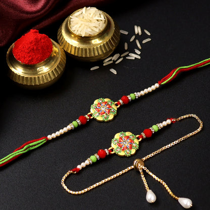 Elegant Floral Bhaiya Bhabhi Rakhi Set – Handcrafted Multicolor Rakhi with Decorative Beads & Golden Chain Bracelet for Raksha Bandhan