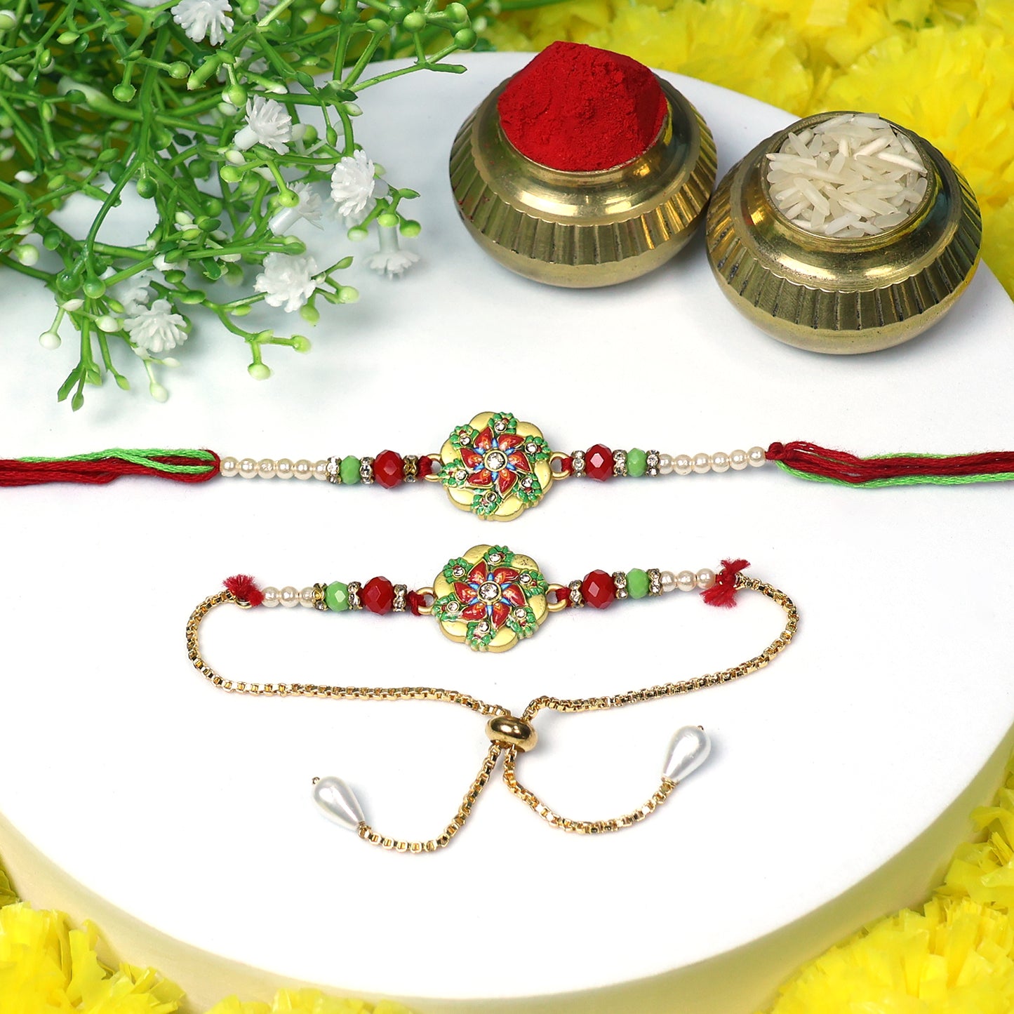 Elegant Floral Bhaiya Bhabhi Rakhi Set – Handcrafted Multicolor Rakhi with Decorative Beads & Golden Chain Bracelet for Raksha Bandhan