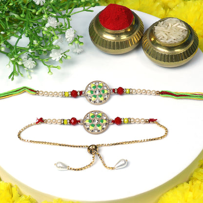 Close-up of pearl accented Rakhi bracelet