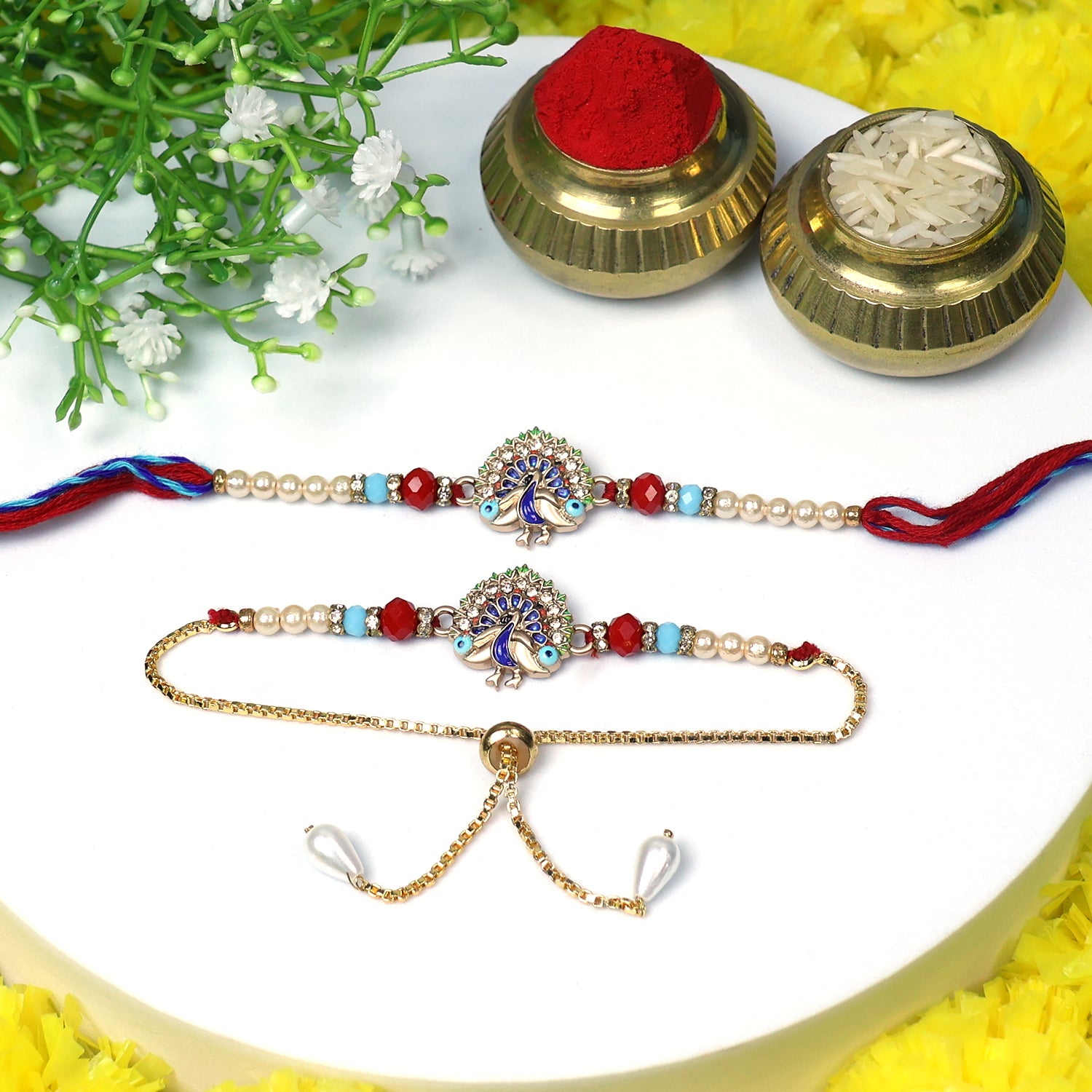 Royal Peacock Bhaiya Bhabhi Rakhi Set – Designer Beaded Rakhi with Golden Adjustable Bracelet for Raksha Bandhan