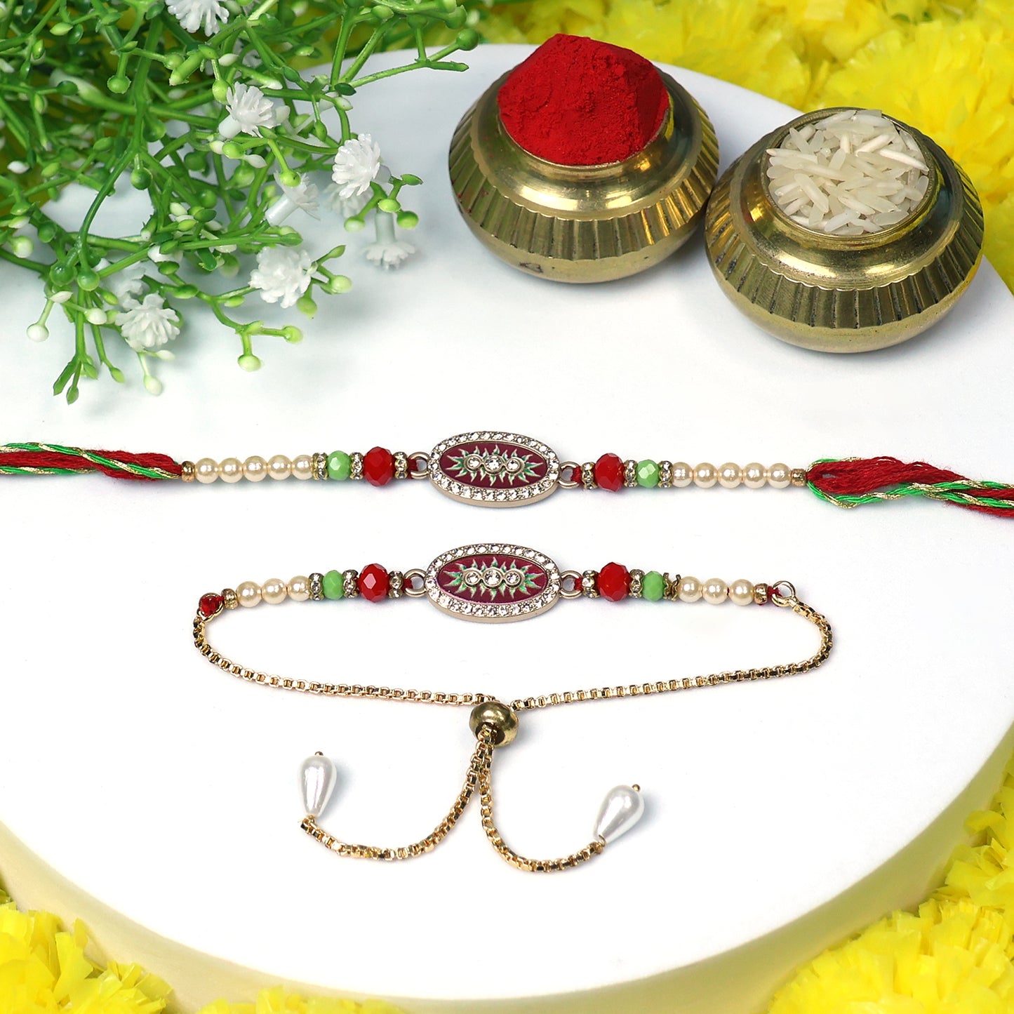 Designer red oval dial Rakhi with pearl beads