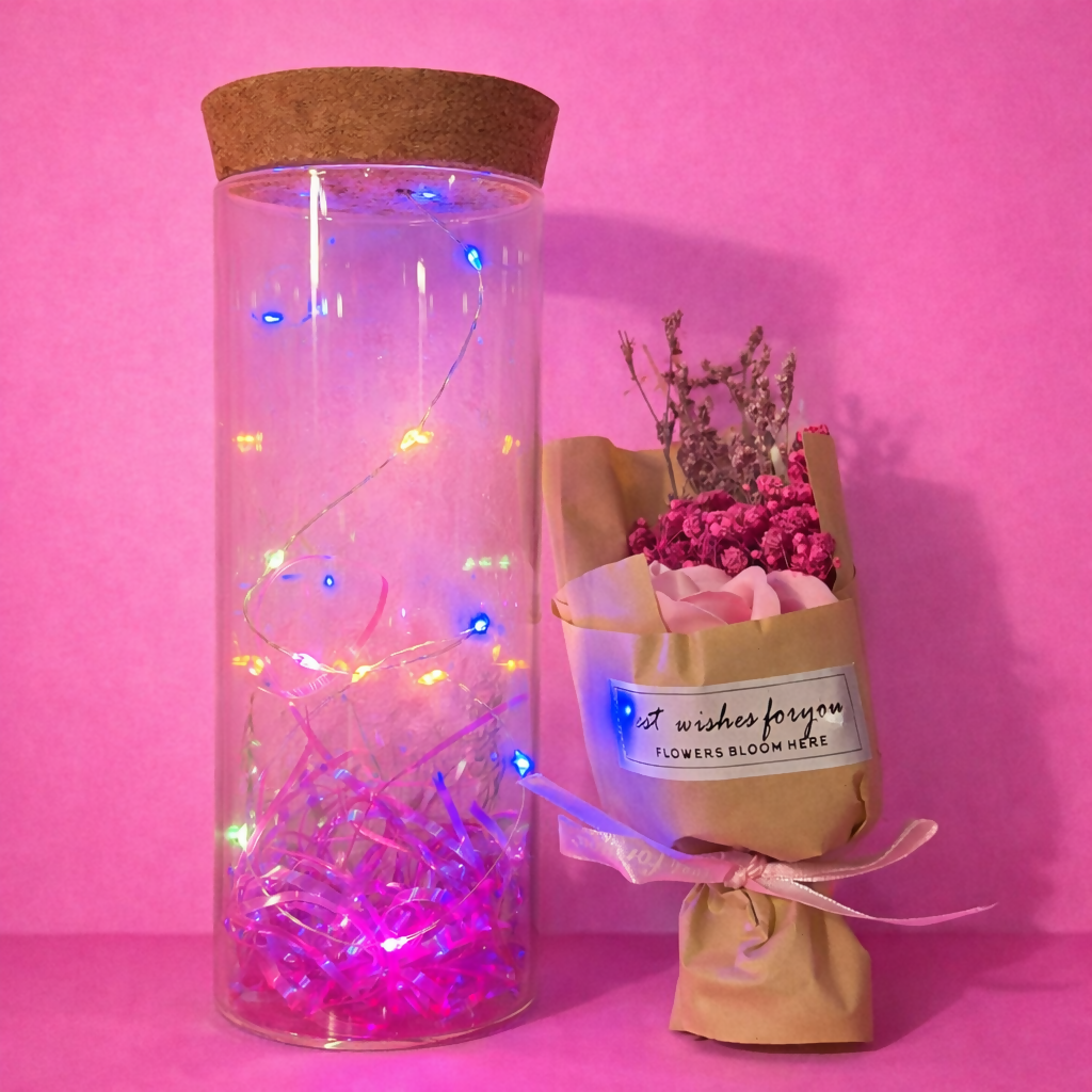 LED Glass Dome Flower Bouquet Gift Jar with Cork Lid & Fairy Lights (ANY COLOR)