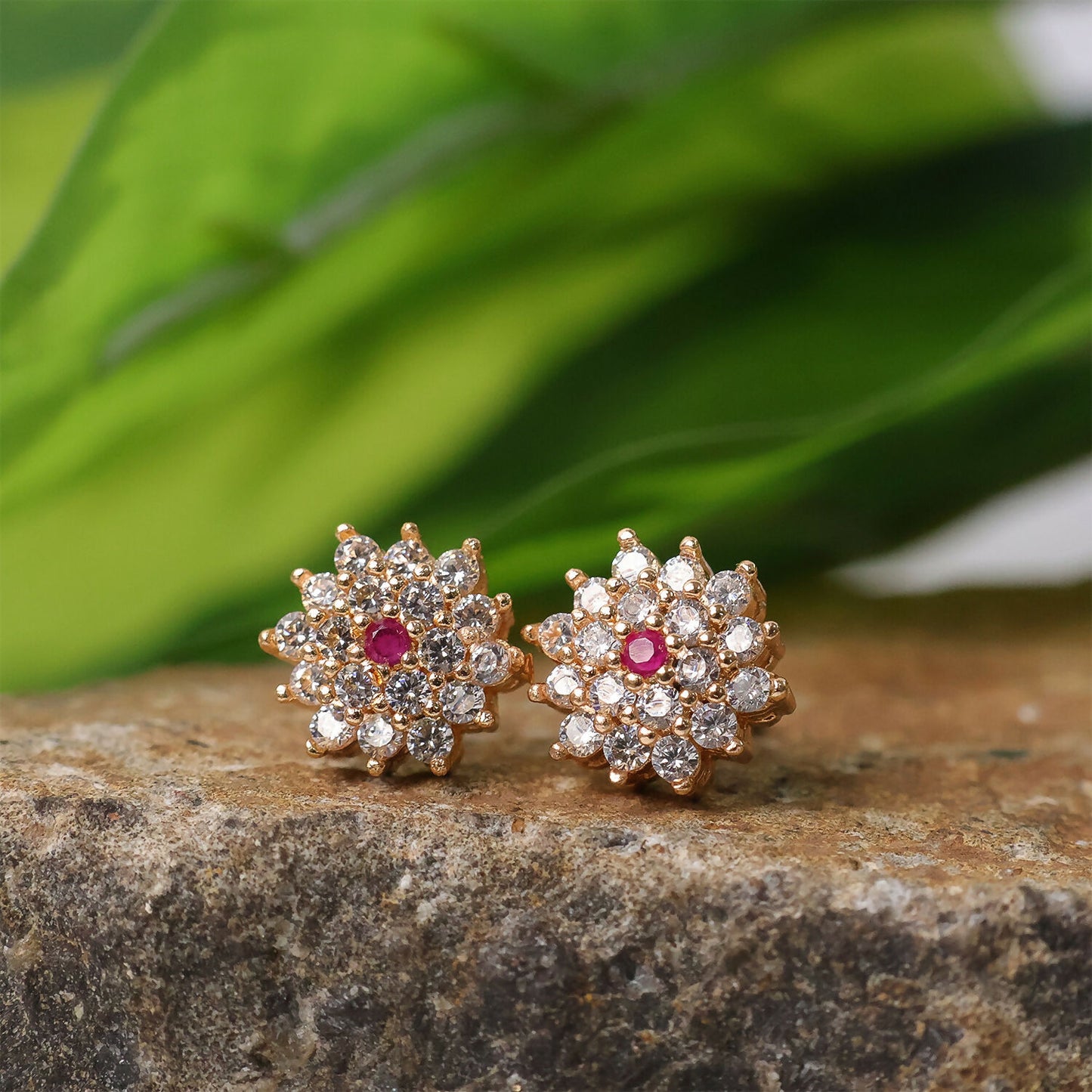 Floral CZ Stud Earrings with Center Stone for Daily & Party Wear